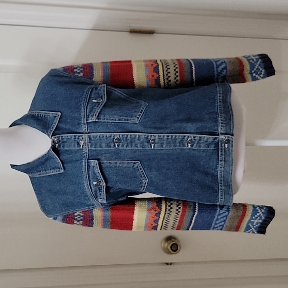 Norm Thompson Size L Denim & Knit Trucker Style Jacket, Gently Used Condition